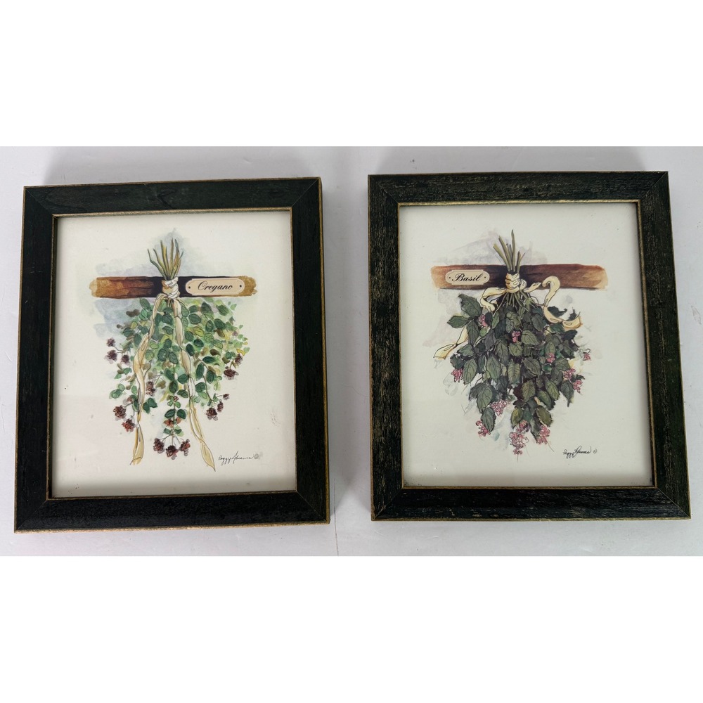 Vtg Set of 2 Peggy Abrams‎ Cottage Herbs Oregano/Basil Framed Prints Green